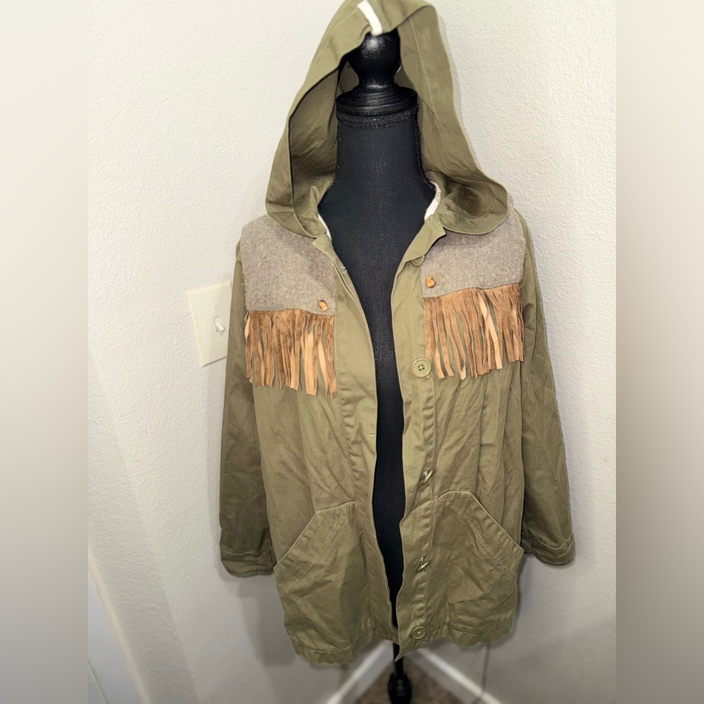 Pepin Olive Green Jacket with Hood and Fringe Back- Size Small